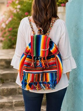 Handwoven Rainbow Boho Backpack Artisan Woven Festival Travel Bag Honduras